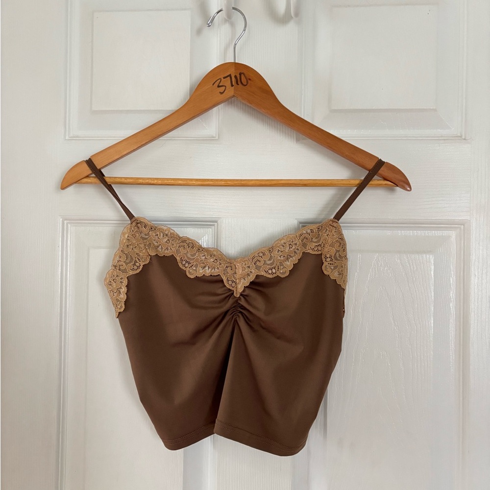 Brown Lace Trim Tank Top